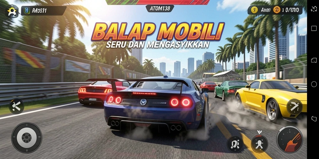 Tampilan antarmuka ATOM138 yang menampilkan balapan mobil yang mendebarkan.