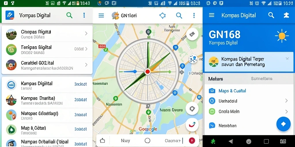 Antarmuka GN168 menampilkan kompas digital akurat dan peta interaktif.