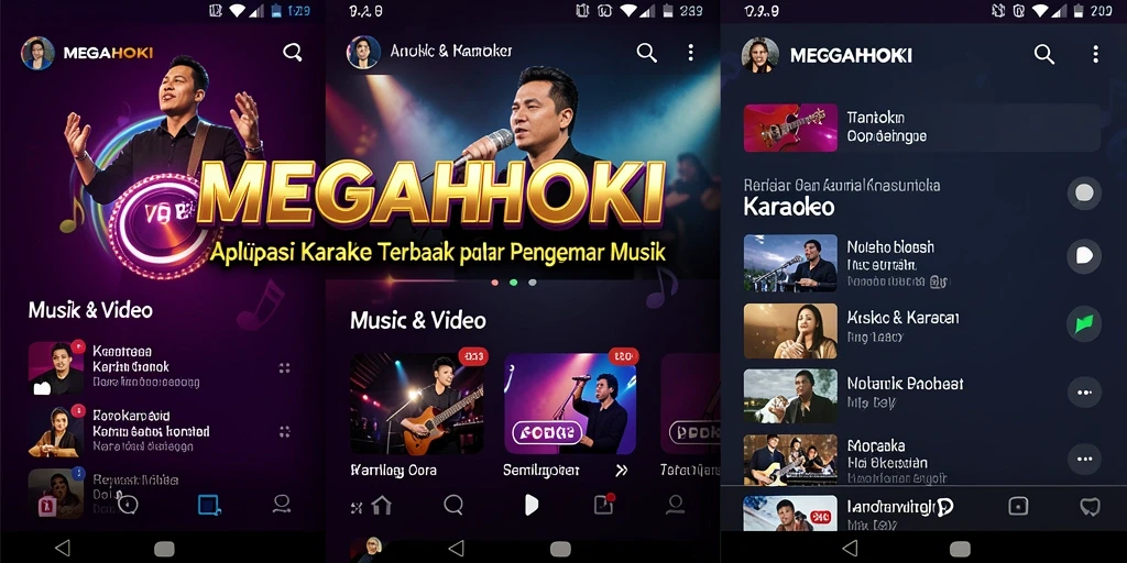 Tampilan antarmuka aplikasi MEGAHOKI dengan fungsi Karaoke yang menarik.
