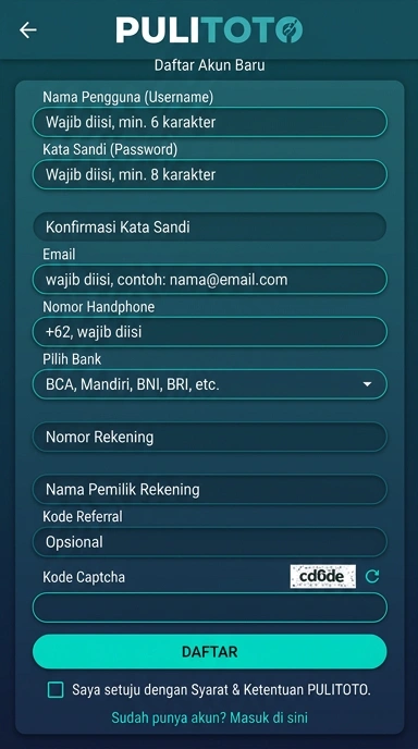 Tampilan halaman daftar pulitoto
